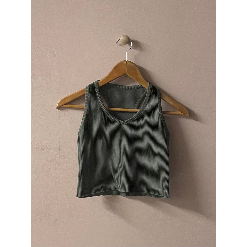 Mono B Olive Green Ribbed Cropped Racerback Tank Top Size L